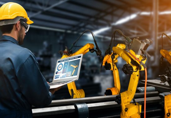 maintenance-trends Smart industry robot arms for digital factory production technology showing automation manufacturing process of the Industry 4.0 or 4th industrial revolution and IOT software to control operation .